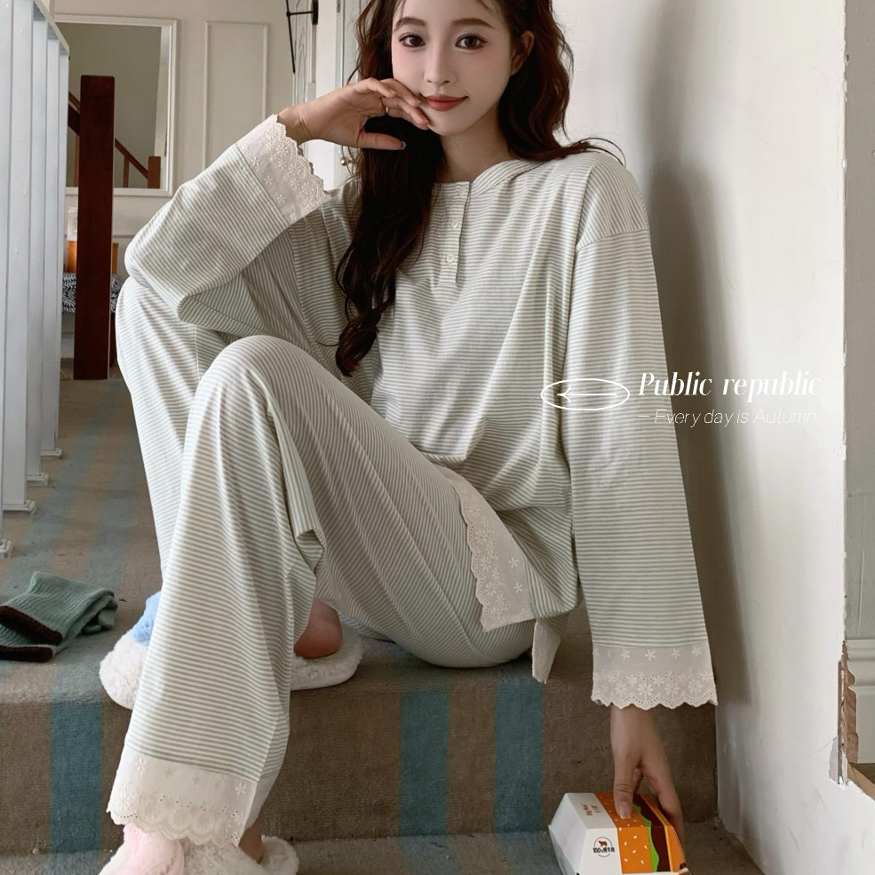 Public republic韩国纯棉简约舒适条纹蕾丝花边家居服套装睡衣女