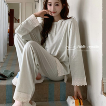 Public republic韩国纯棉简约舒适条纹蕾丝花边家居服套装睡衣女