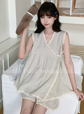 Public republic韩国夏季纯棉波点花边系带背心家居服套装睡衣女