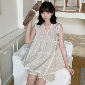 Public republic韩国夏季纯棉波点花边系带背心家居服套装睡衣女