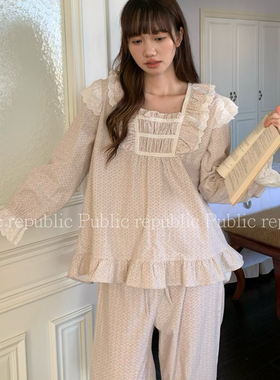 Public republic韩国秋冬磨毛棉纯棉花朵花边宫廷风家居服睡衣女
