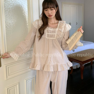 Public republic韩国秋冬磨毛棉纯棉花朵花边宫廷风家居服睡衣女