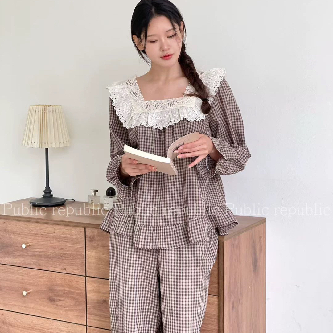 Public republic韩国秋季纯棉少女田园格子花边方领家居服睡衣女