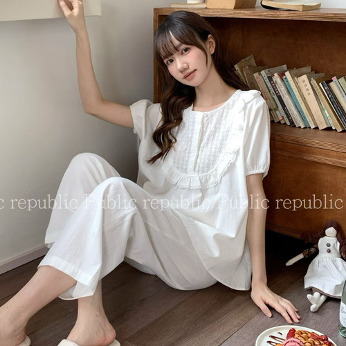 Public re Public夏季纯棉小清新简约花边法式睡衣套装家居服女