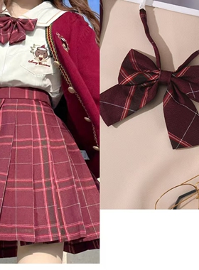 圣诞穿搭套装jk制服红色百褶裙子毛衣领结领带套装沙华领花