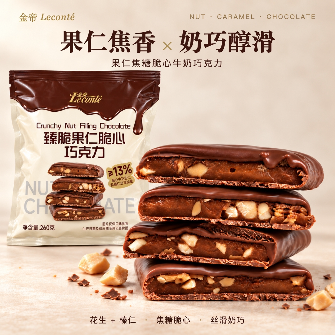 金帝纯可可脂巧克力涂层夹心榛子果仁巧克力臻脆果仁脆心零食