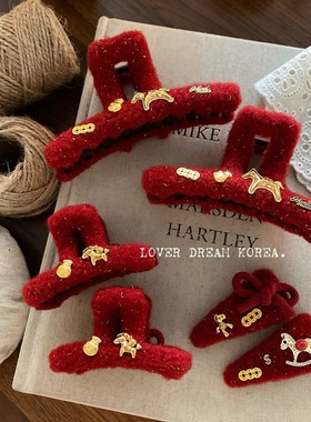 韩版红色复古一字交叉抓夹红色新年小马钱袋掰掰夹侧边刘海发夹女