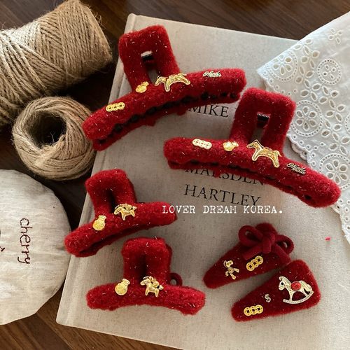 韩版红色复古一字交叉抓夹红色新年小马钱袋掰掰夹侧边刘海发夹女