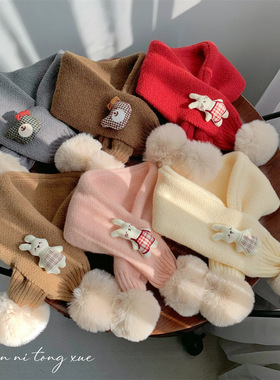 儿童围巾新款洋气红色男女宝宝针织双毛球动物秋冬季保暖交叉围脖