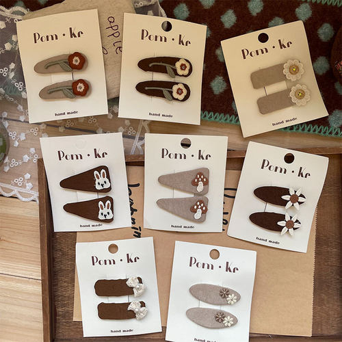 新款韩系秋冬复古森系刺绣儿童发夹奶咖色花朵侧边碎发刘海bb夹女