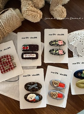 韩国ins新款手工刺绣小狗樱桃格子布艺发夹 可爱刘海夹儿童发饰女