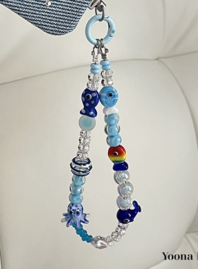 原创自制diy手作蓝色海洋鲸鱼琉璃玻璃手机链包挂ccd挂饰链条