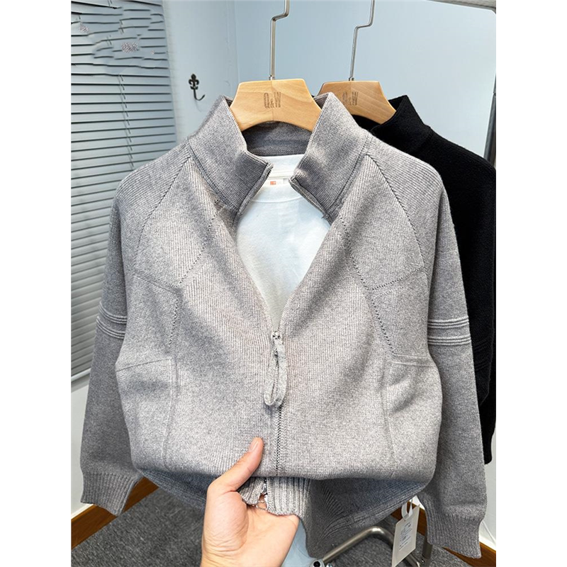 高端双拉链潮牌针织开衫男士秋冬季毛衣外套男装立领线衣加厚宽松