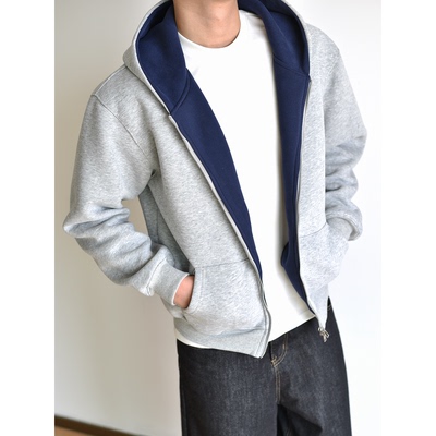 Home Daily~双拼色连帽卫衣男重磅800G拉链短款秋冬男士开衫外套