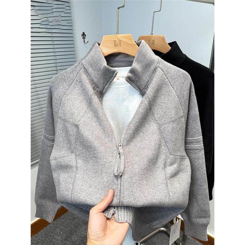 高端双拉链潮牌针织开衫男士秋冬季毛衣外套男装立领线衣加厚宽松