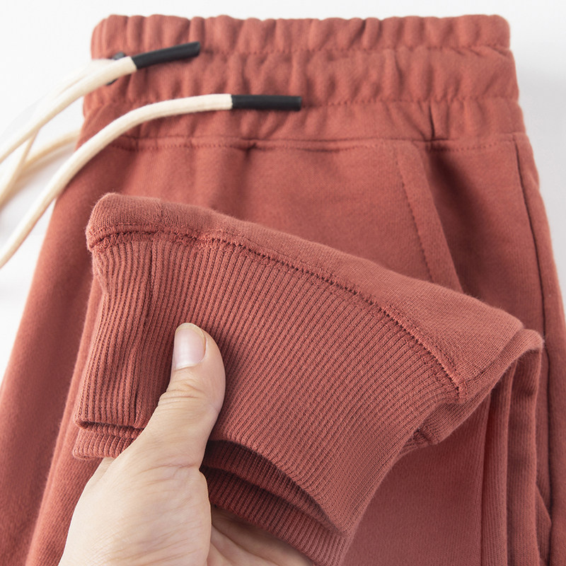 360g重磅纯棉美式复古红色束脚卫裤男女同款休闲运动长裤