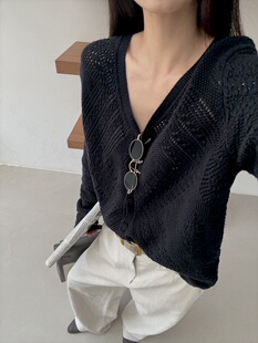 ONIVINTAGE欧尼V领镂空舒适针织开衫2025秋装新款V领上衣外套宽松
