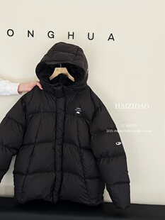 孩子岛2025冬儿童羽绒服新国标90白鸭绒黑色男女童短款面包厚连帽