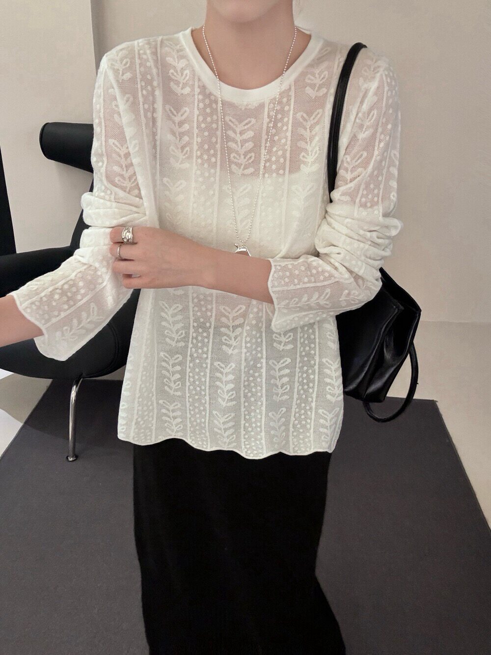 蕾丝拼接针织衫2025早秋新款女装长袖羊毛衫上衣宽松中长款韩版女