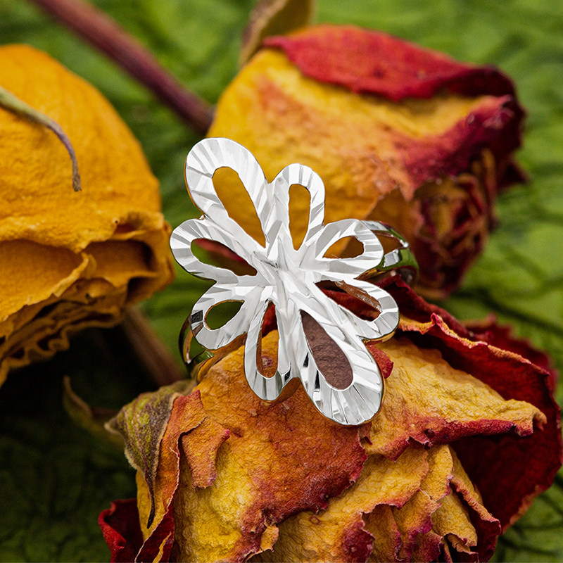 925纯银食指戒指灵之花简约指环活口可调节大小镂空宽韩版潮人女