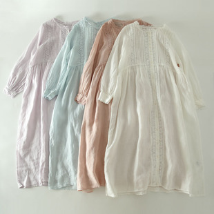 甜美森女蕾丝花边风琴褶苎麻长袖连衣裙日系轻薄透气百搭显瘦袍子