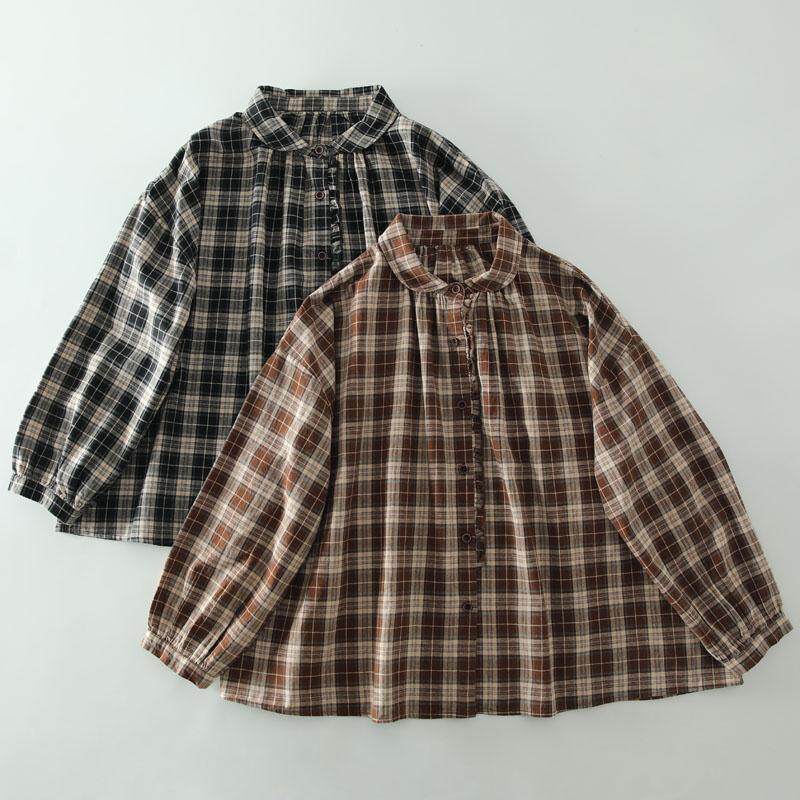 文艺复古格子木耳花边纯棉衬衫