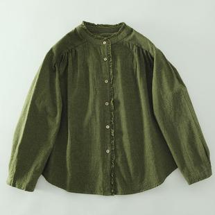 衬衣上衣 女日系宽松百搭长袖 春秋款 文艺复古木耳花边立领格子衬衫