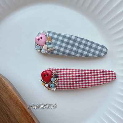 cooky麻麻原创手作格子钉珠布艺儿童发夹