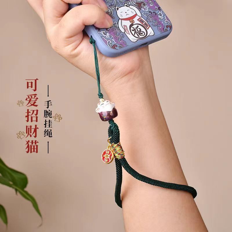 手工编织招财猫手机挂绳手腕款可爱钥匙链手机壳挂件相机U盘挂饰