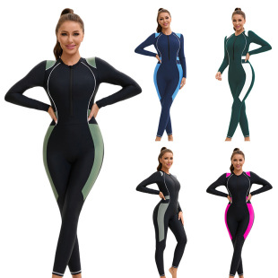 泳装 连体泳衣女欧美拼色全包围潜水服外贸长裤 长袖 穆斯林跨境新款