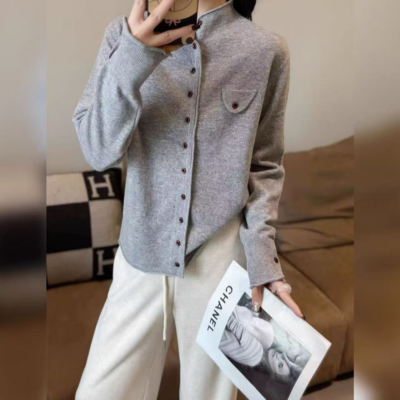 【大潘专享】法式开衫简约新款长袖独特流行慵懒风上衣yic114011