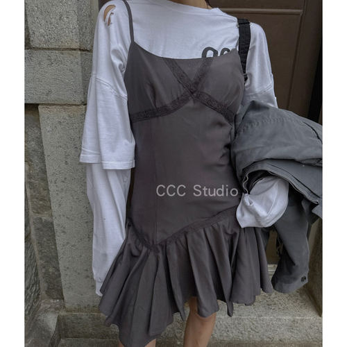THECCCStudio韩国代购 吊带裙 荷叶边修身A字连衣裙 短裙