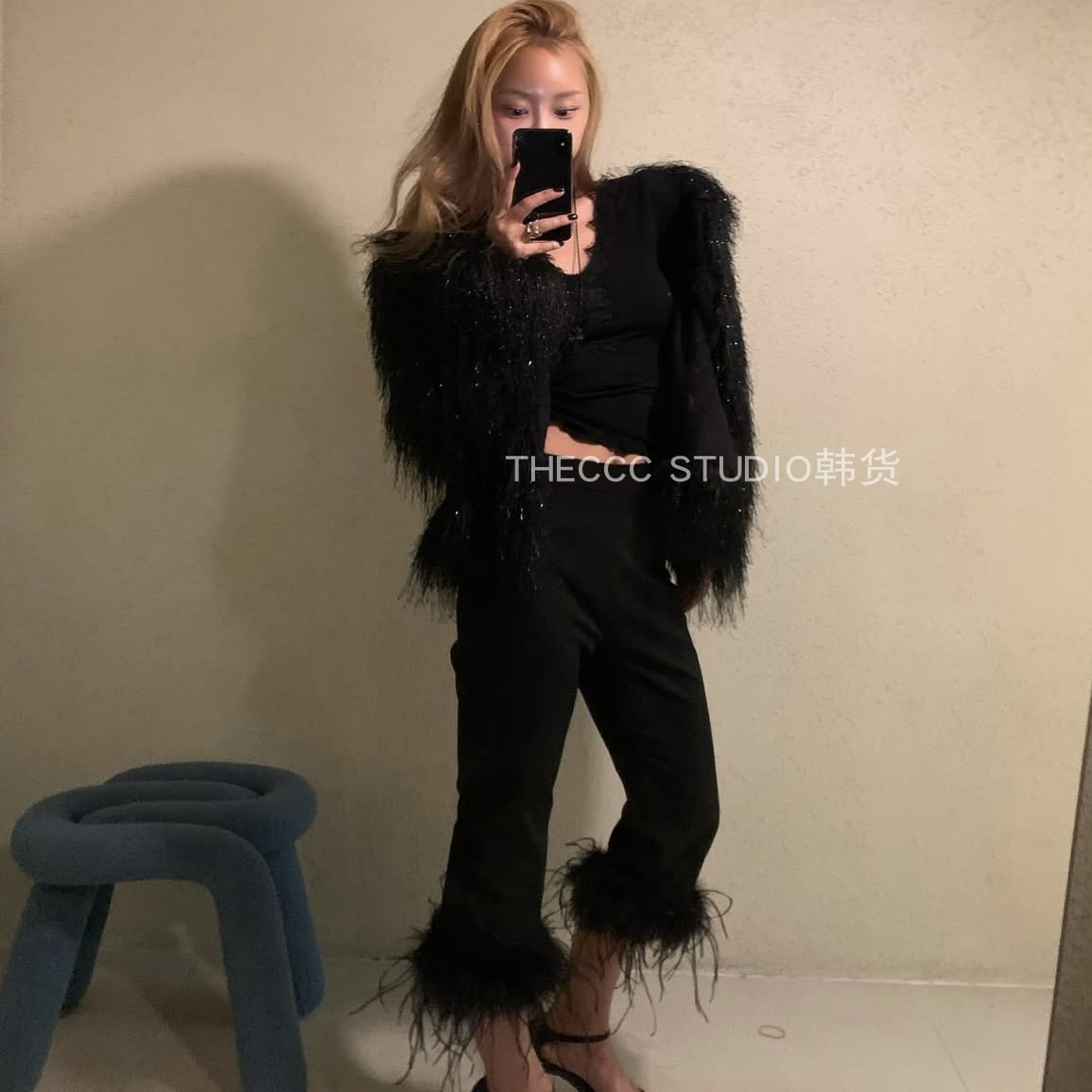 韩货代购25冬 修身羽毛拼接紧身7分裤 休闲裤