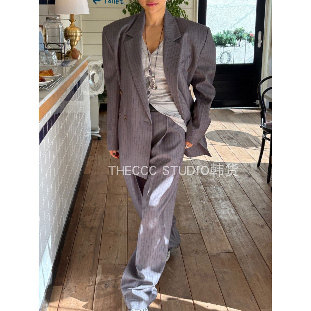 韩货代购26早春 垫肩廓形宽松版西装 阔腿裤 时髦简约条纹两件套,女装/女士精品,时尚套装,淘宝优惠券,粉丝福利购,淘宝优惠卷