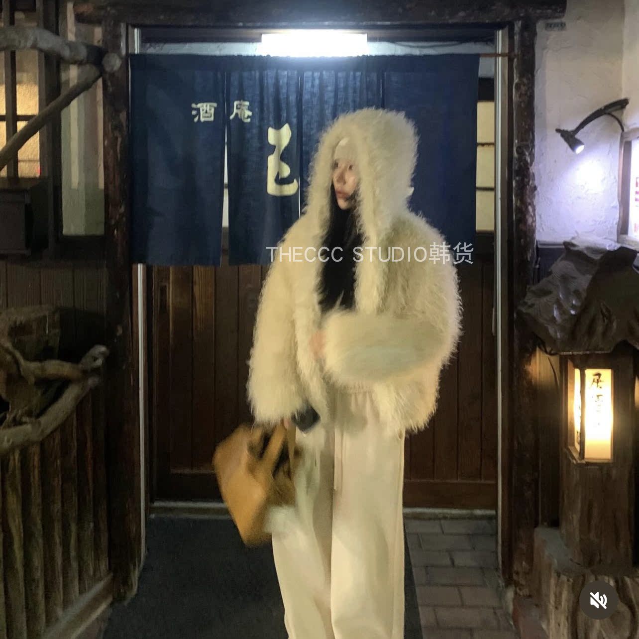 韩货代购25冬 毛绒绒仿皮草温柔连帽宽松版外套