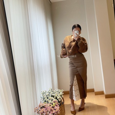 现 韩货秋冬款 蕾丝拼接开衩优雅包臀半身裙 松紧腰中长裙