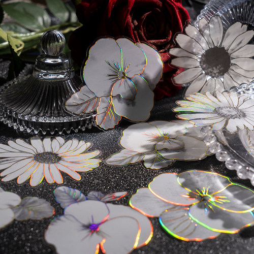 黑白烫金花朵贴纸PET防水大尺寸雏菊牡丹花手帐拼贴装饰封面diy