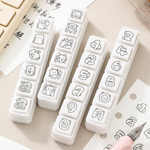 可爱小猫数字六联印章简约猫咪心情手帐日常生活记录按压打卡印章