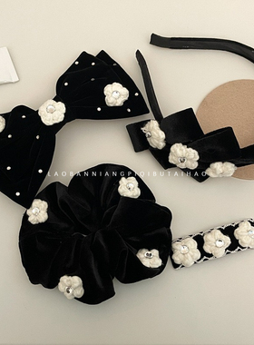 老板娘 天鹅绒毛线钩花黑白花朵撞色发夹气质发箍发圈发饰10908