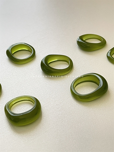 绿色透明小众独特异形复古树脂戒指冷淡晕染男生指环A10 青苔