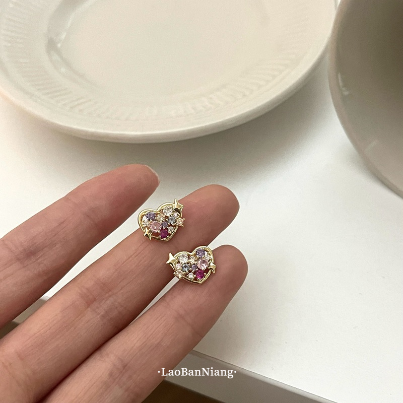 哇闪亮亮！迷你爱心耳钉彩色锆石小巧精致简约百搭轻奢耳饰15805