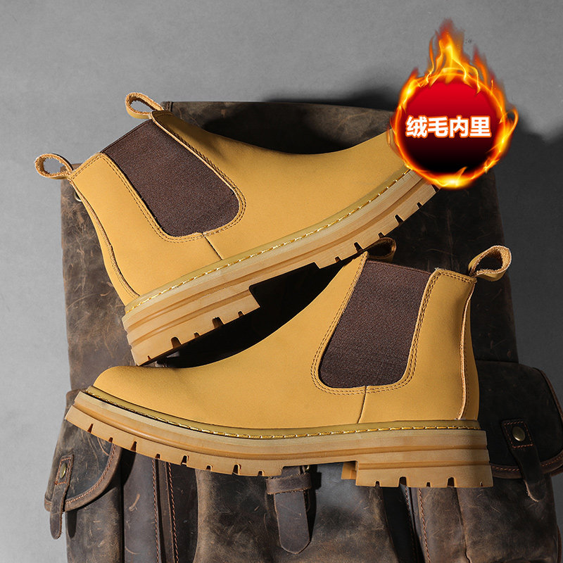 CHELSEA BOOTS MENS AUTUMN AND WINTER HIGH-TOP BRITISH LEATHER MARTIN BOOTS VERSATILE VELVET WARM BOOTS RHUBARB BOOTS