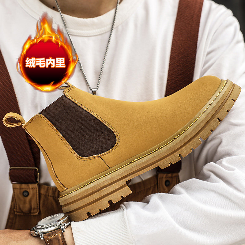 CHELSEA BOOTS MENS AUTUMN AND WINTER HIGH-TOP BRITISH LEATHER MARTIN BOOTS VERSATILE VELVET WARM BOOTS RHUBARB BOOTS