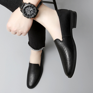 夏季豆豆鞋男真皮透气镂空休闲皮鞋一脚蹬舒适轻便软底懒人小码36