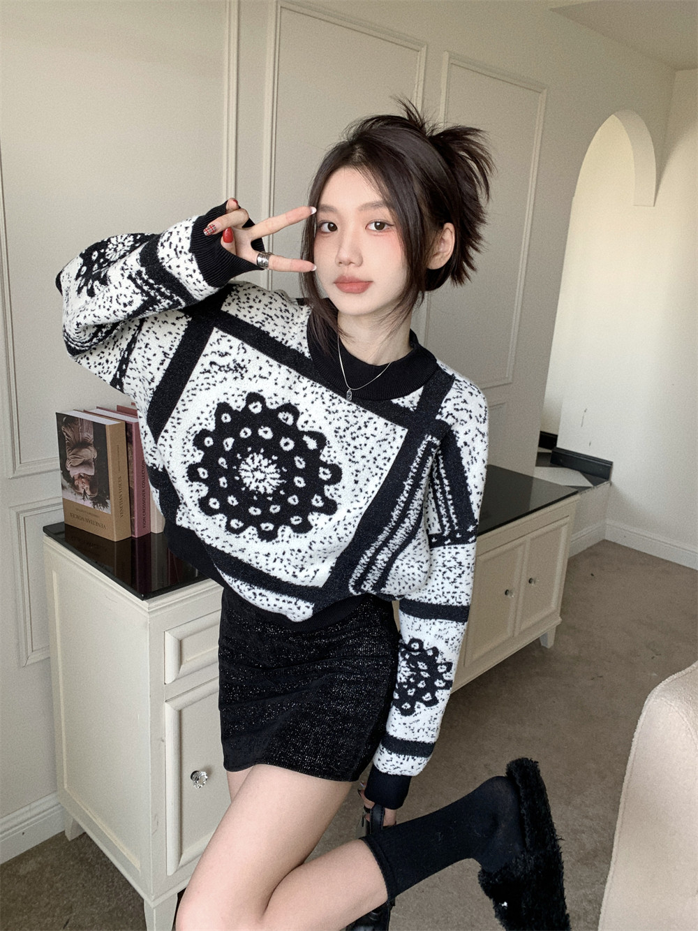 브랜드 정리 한국 스타일 레트로 대비 자카드 크롭 탑 루즈 캐주얼 다용도 긴 소매 니트 스웨터