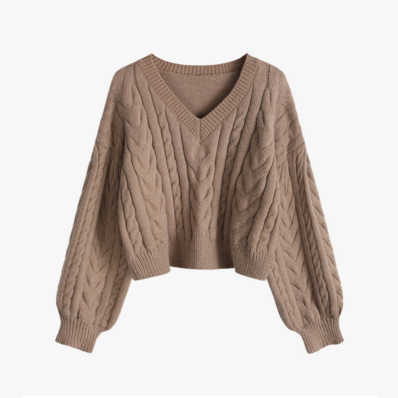 브랜드 통관 복고풍 V 넥 스웨터 가을 겨울 다목적 게으른 스타일 짧은 탑 슬림 여성용 긴팔 스웨터
