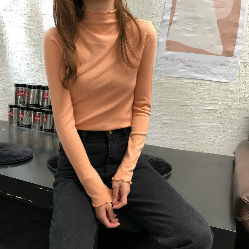 半高领针织打底衫女秋冬款修身纯色长袖木耳边内搭洋气百搭上衣女