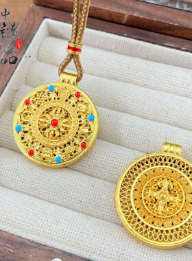 金店同款古法沙金珐琅彩金刚杵八宝罗盘吊坠 韦雪同款罗盘挂坠