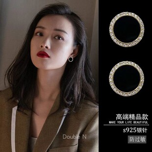925银针时尚 轻奢圆形黑色镶钻耳钉女耳环复古气质耳夹无耳洞耳饰