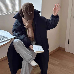 韩版宽松连帽中长款羽绒服女黑色过膝加厚小个子冬季外套